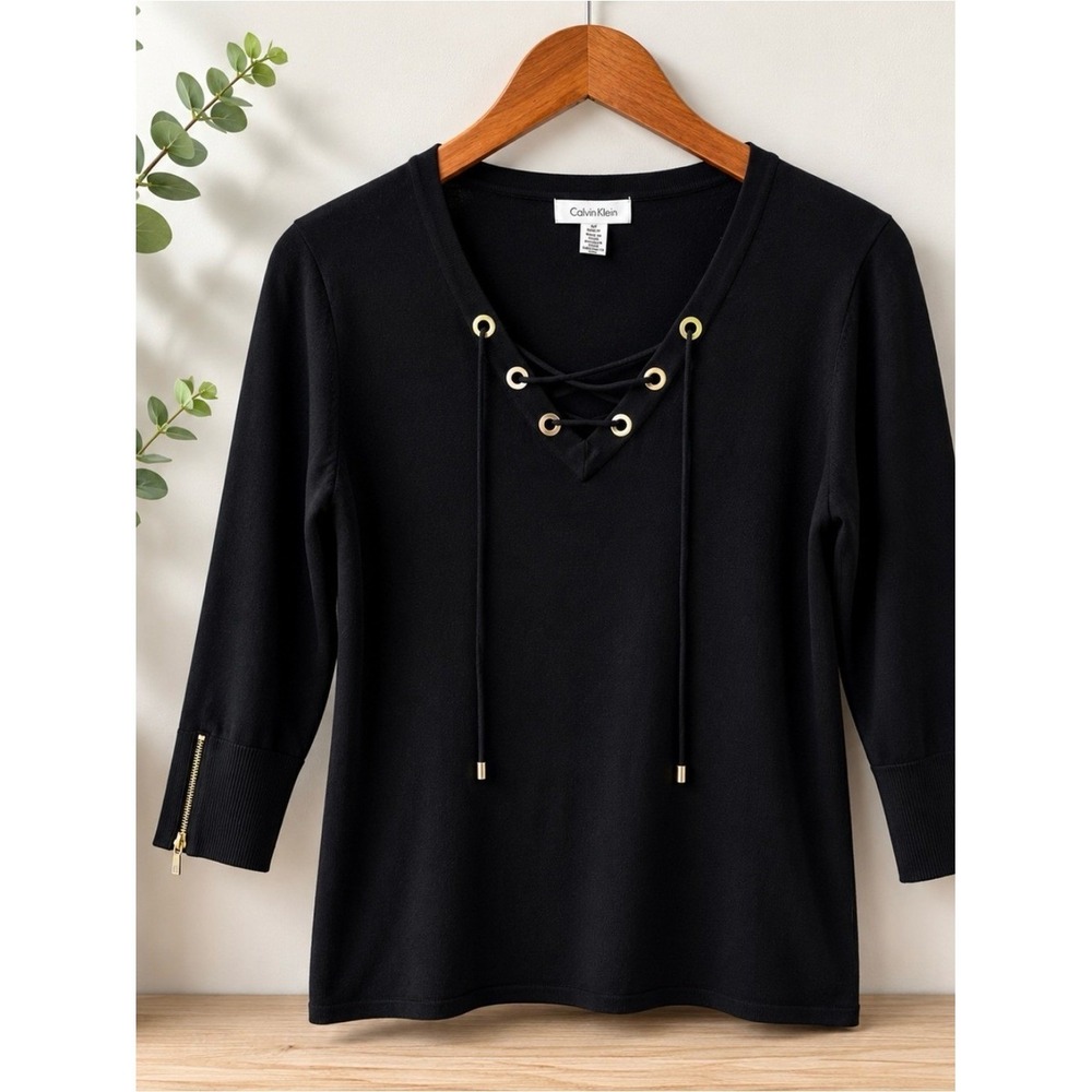Calvinβ Klein Black Lace-Up Knit Top Zip Sleeve Grommet Sweater Size M